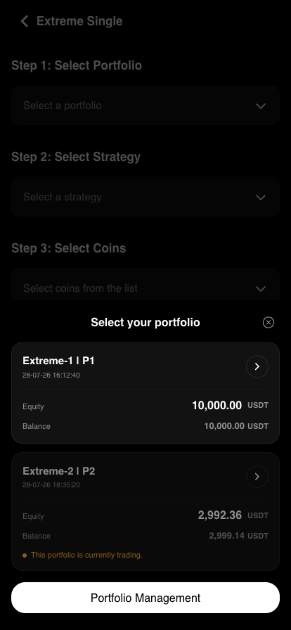 Portfolio list showing Equity and Balance, with a portfolio that is already trading