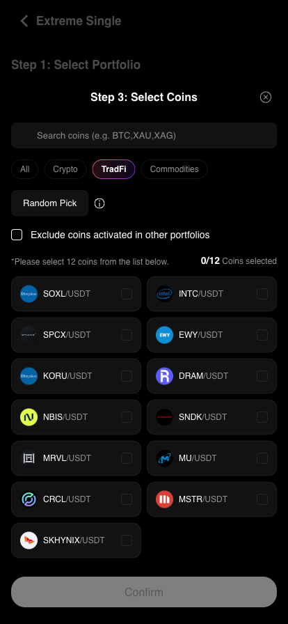 Select Coins panel with the All, Crypto, TradFi and Commodities tabs