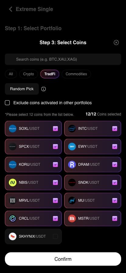 Confirm button active once 12 coins are selected