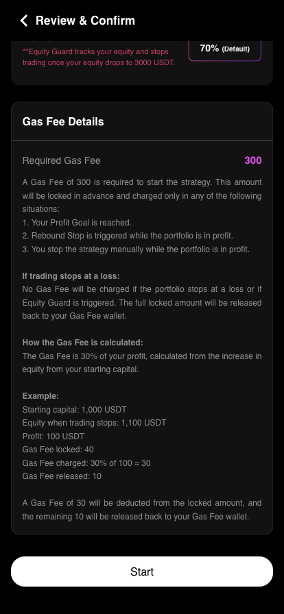 Fee Details and worked example on the Review and Confirm page