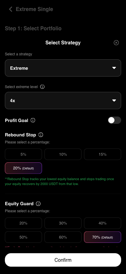 Rebound Stop appears once the Profit Goal toggle is switched off