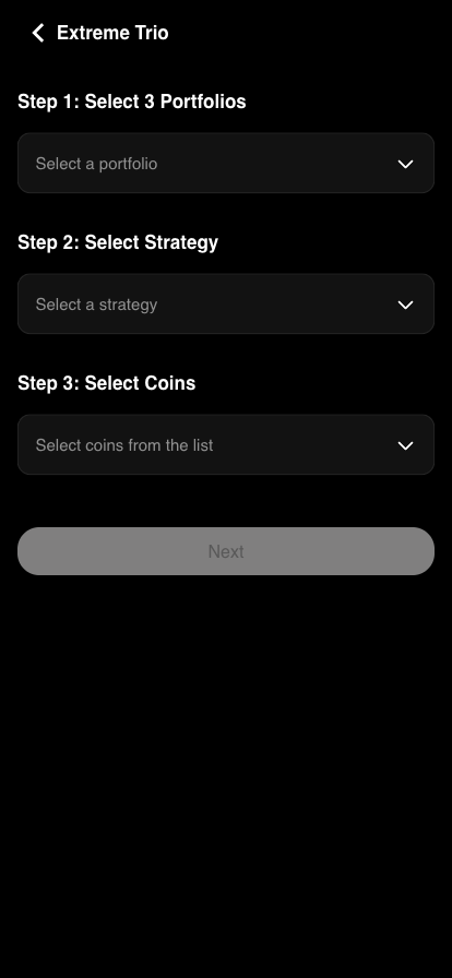 Extreme Trio setup page: Step 1 requires three portfolios
