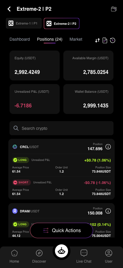Positions tab: a long and a short leg for each coin, 24 in total