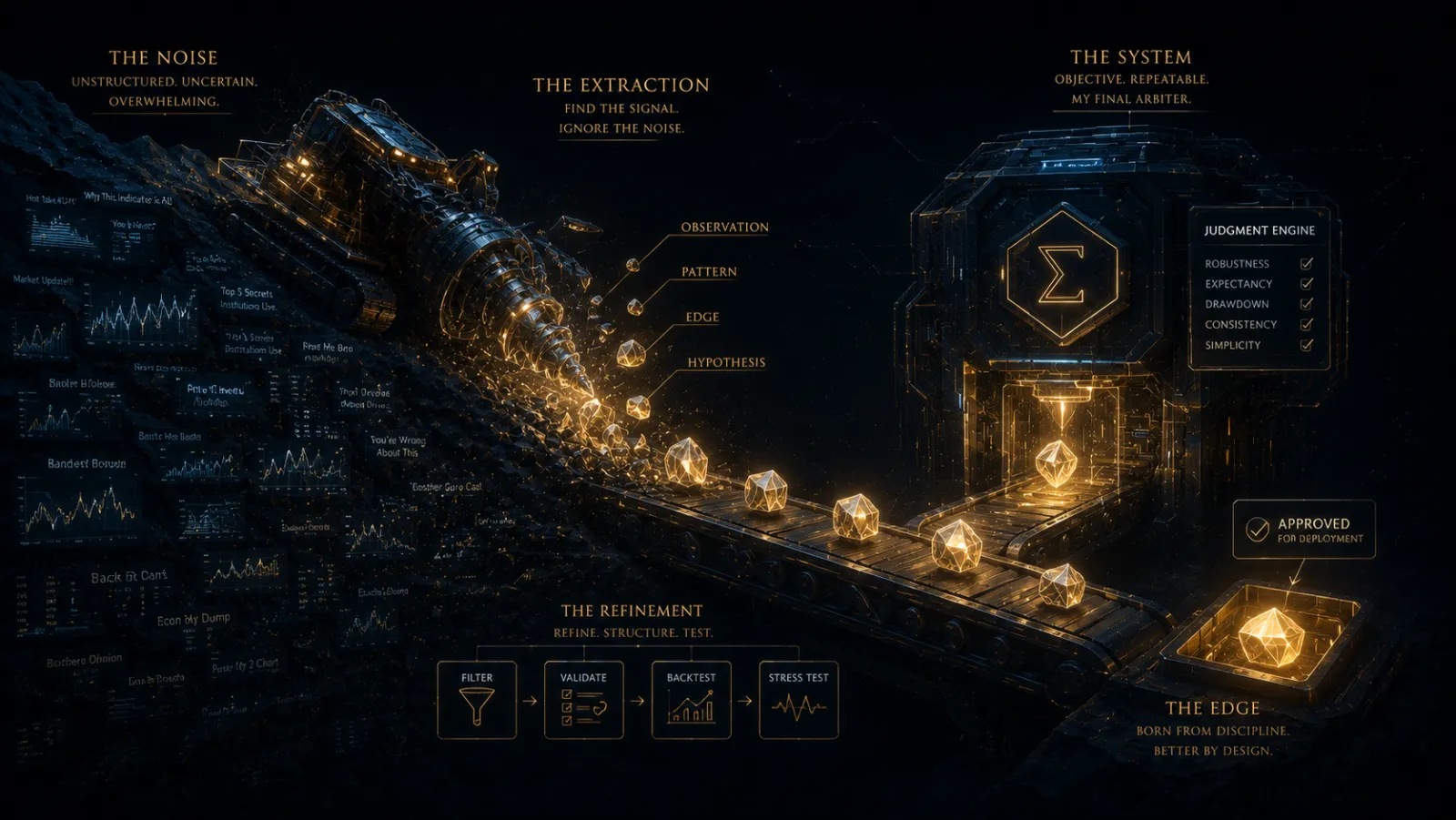 Mining trading content into testable concepts: extracting concept ore from layers of information and feeding it into a backtest courtroom
