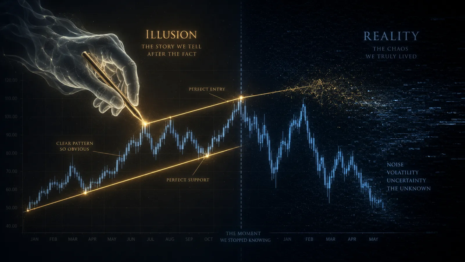 Seeing through hindsight line-drawing: the biggest cognitive trap in trading — illusion vs. reality